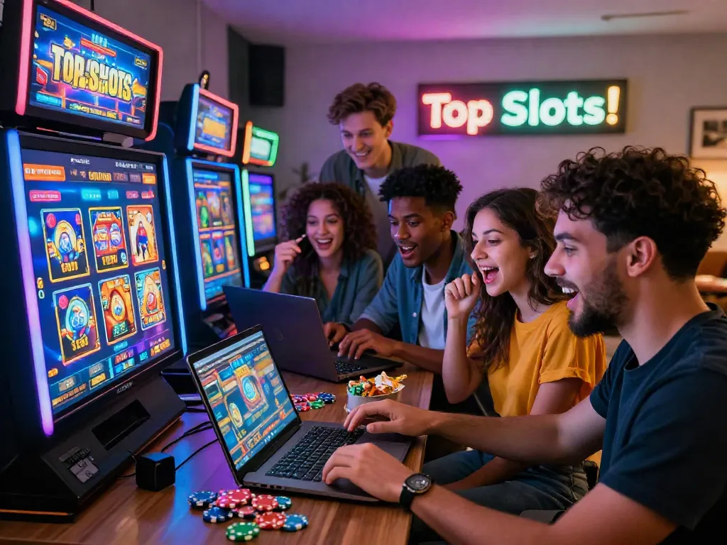 Exciting online gambling scene with friends enjoying akunjp gaming experience, colorful slot machines in background.