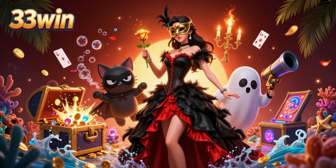 Engage with 33win's vibrant casino world featuring dynamic characters, treasures, and gaming elements.