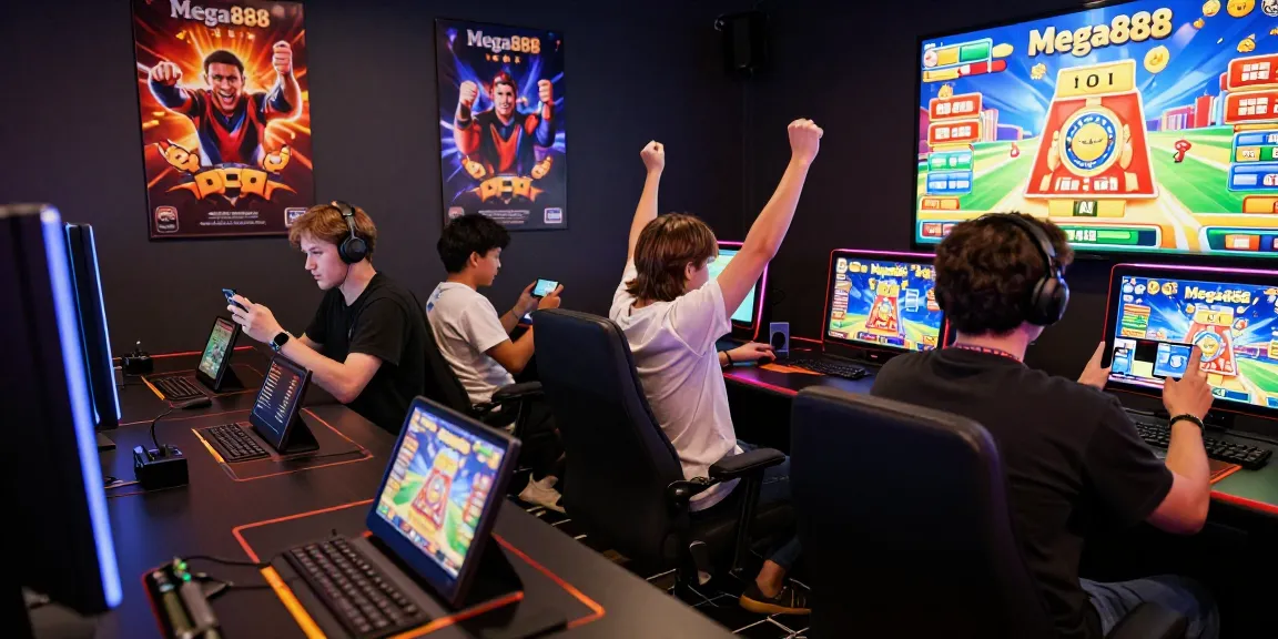 The Mega888 Original gaming scene depicting players celebrating wins during gameplay in a vibrant LED-lit environment.