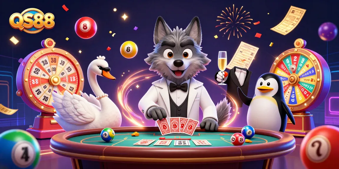 Experience exciting gameplay at QS88, featuring a debonair wolf at the baccarat table, a swan dealing cards, and a sophisticated penguin serving champagne.