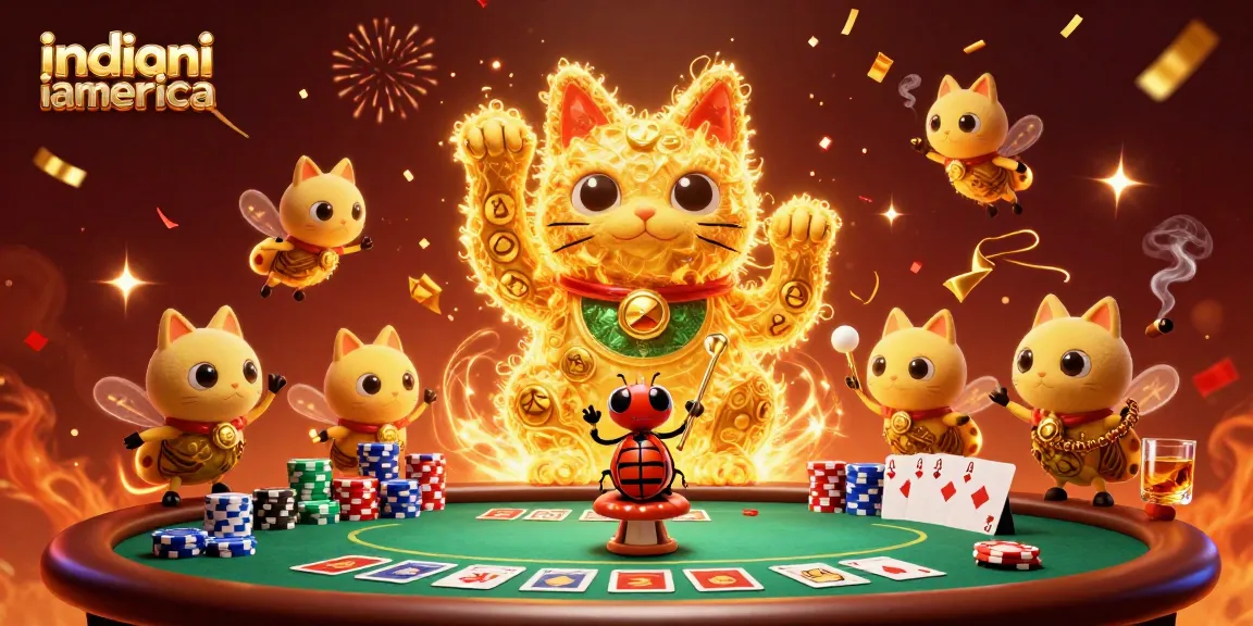 Experience the thrill of indianiamerica's vibrant casino scene with a lucky cat and fireflies.