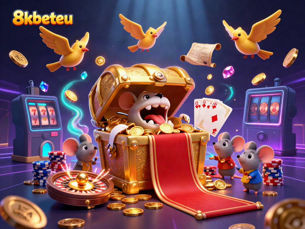 Spin to win at 8kbeteu's vibrant 3D casino scene filled with treasures and games.