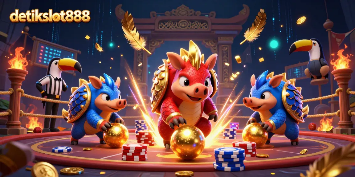 detikslot888 pangolins competing in a spirited game, surrounded by poker chips and casino elements