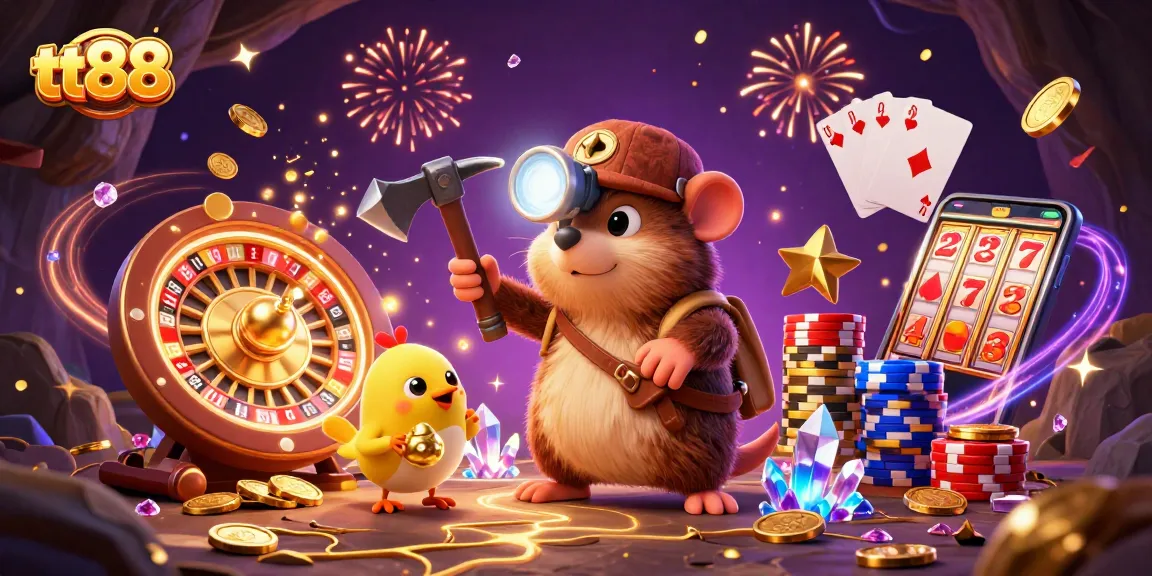 Experience captivating gaming adventures with tt88's vibrant casino illustration full of treasures.