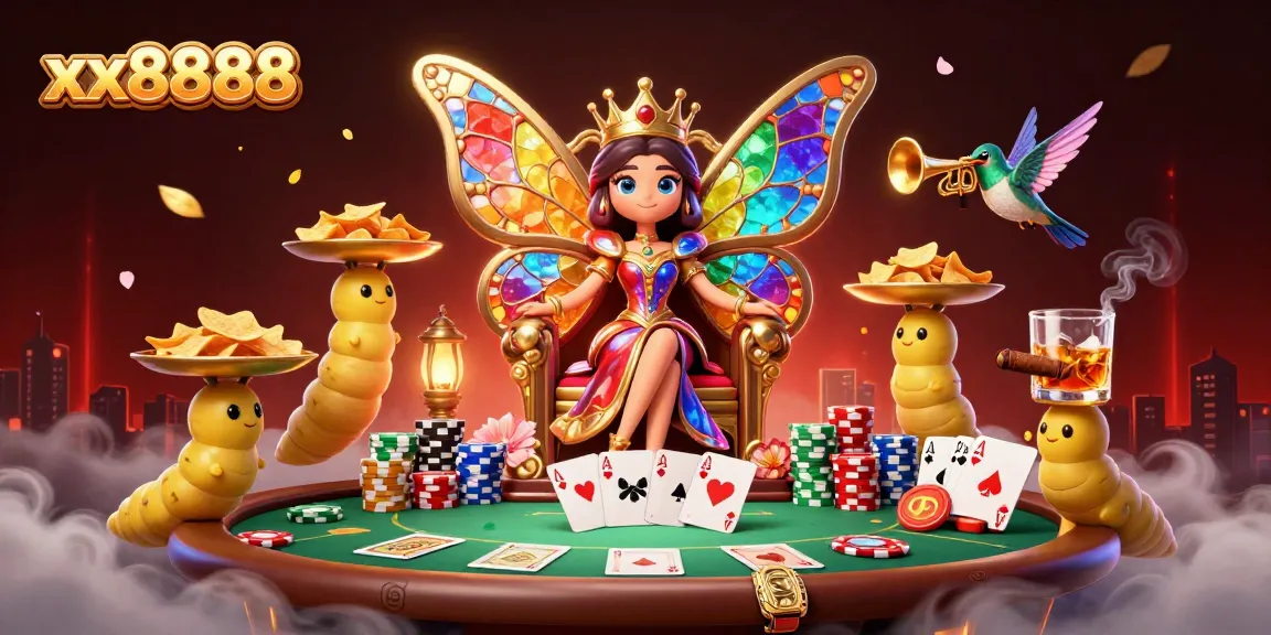 Experience the vibrant world of xx8888 with a lively casino scene featuring a butterfly queen and poker elements, creating rich gaming excitement.