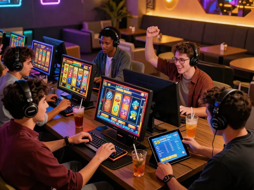 Players enjoying exciting slot games on multiple devices in a vibrant casino atmosphere, highlighting thrilling gameplay and user interaction.