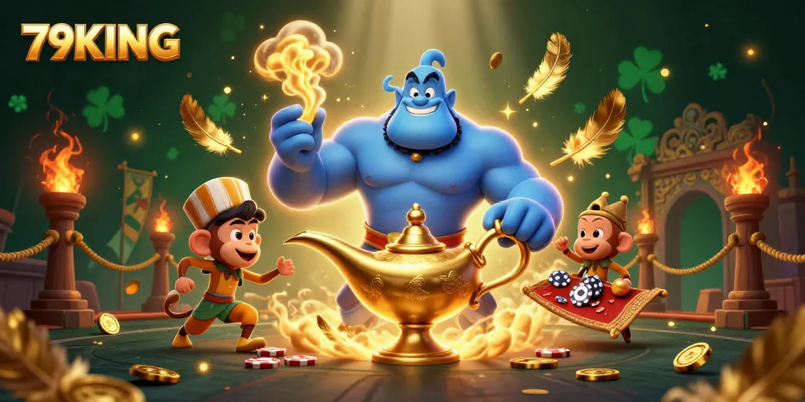 Engage with thrilling moments at 79KING, featuring a vibrant genie, monkey, and poker chips.
