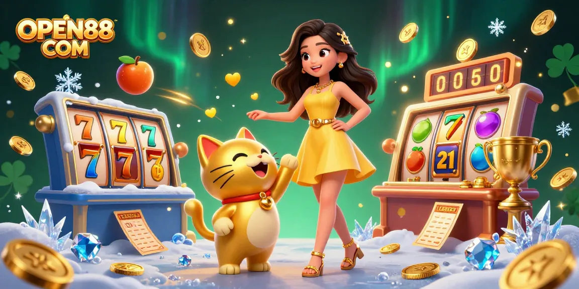 Engage with exciting games at OPEN88 COM, illustrated in a vibrant casino scene with dynamic elements and characters.