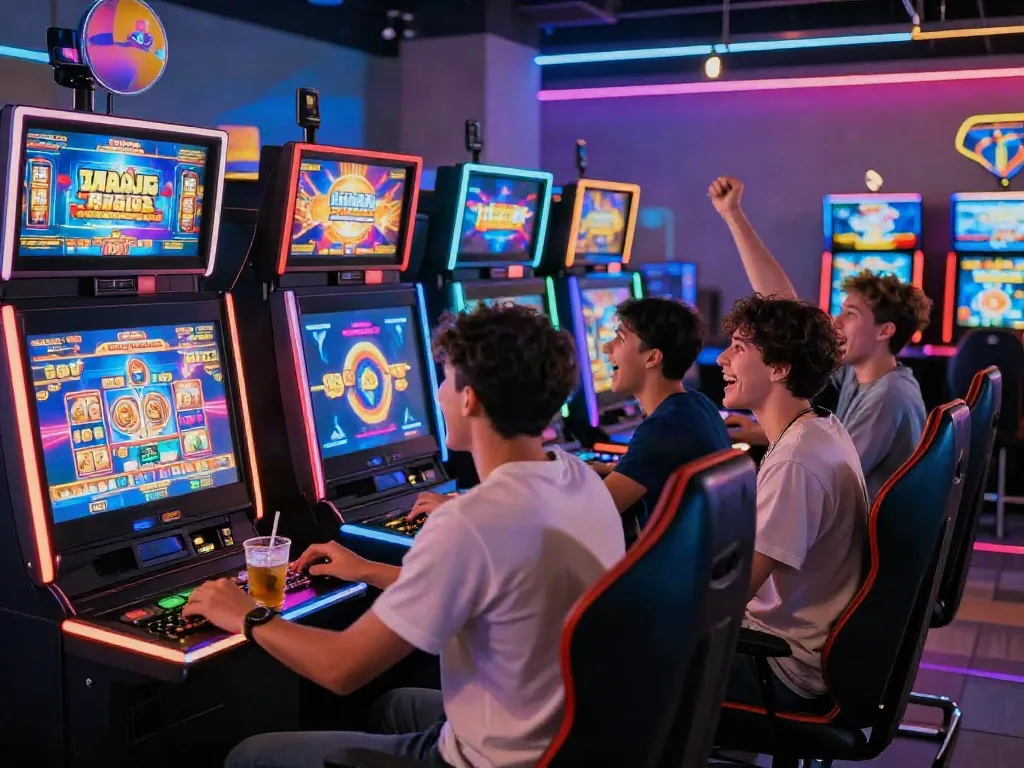 Excited players enjoying raja slot games in a vibrant gaming lounge.