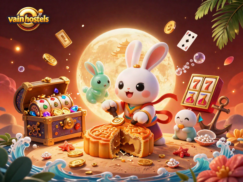 Experience the thrill at vainhostels with a vibrant casino illustration featuring slot machines and moon rabbits.