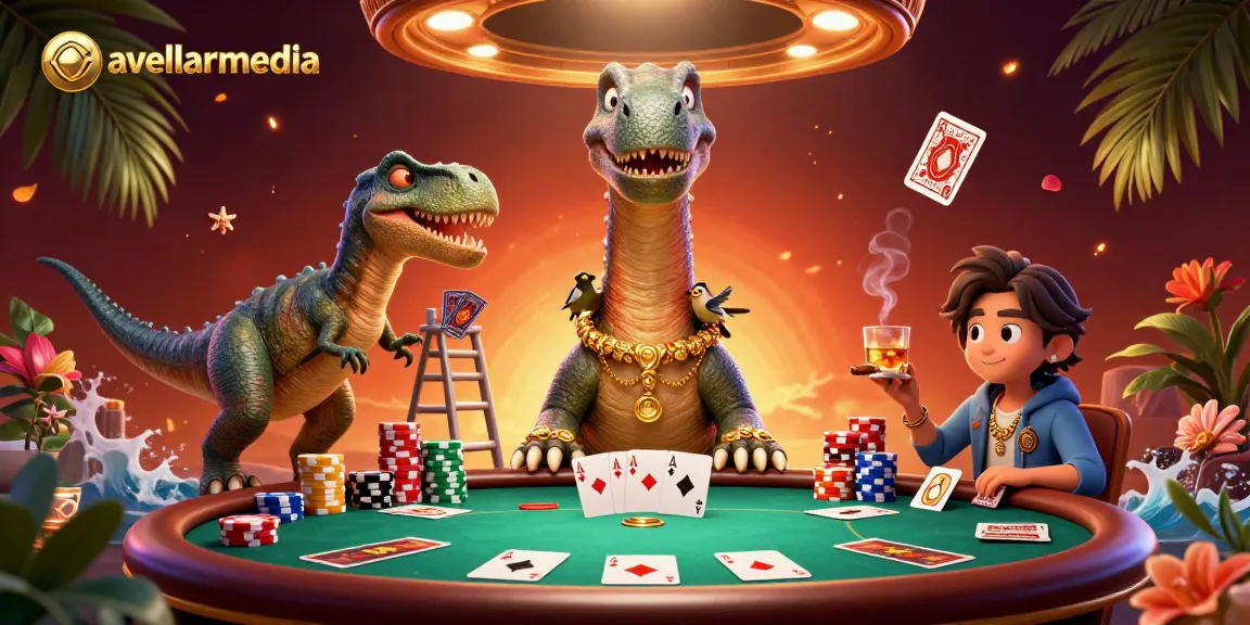 Engage in casino action with avellarmedia's festive poker scene of a dinosaur dealer and vibrant cards.