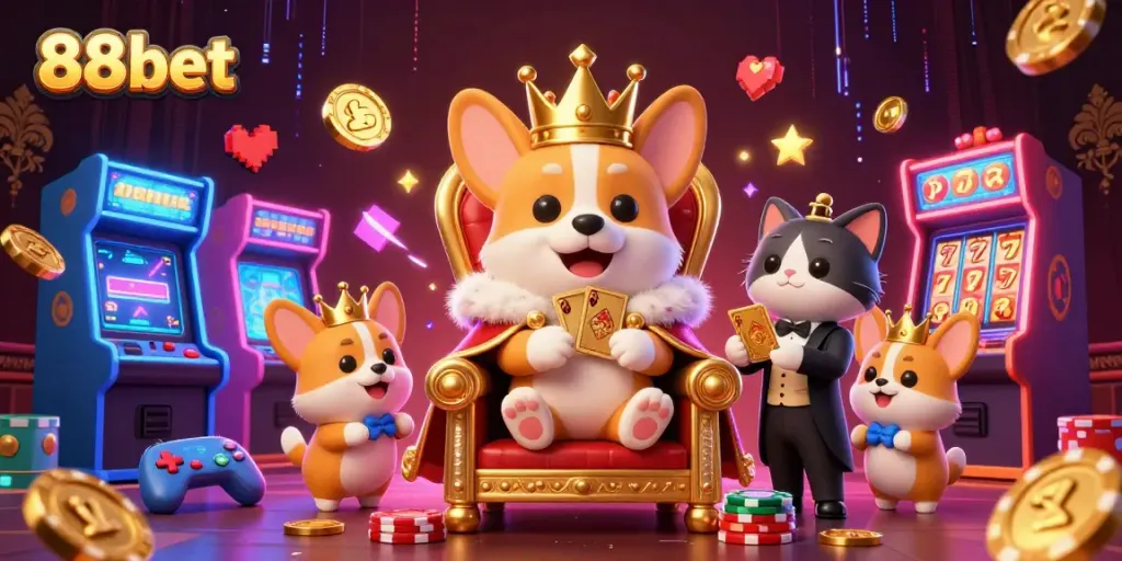 Engage in thrilling gameplay with 88bet's vibrant casino scene featuring slots and royal characters.