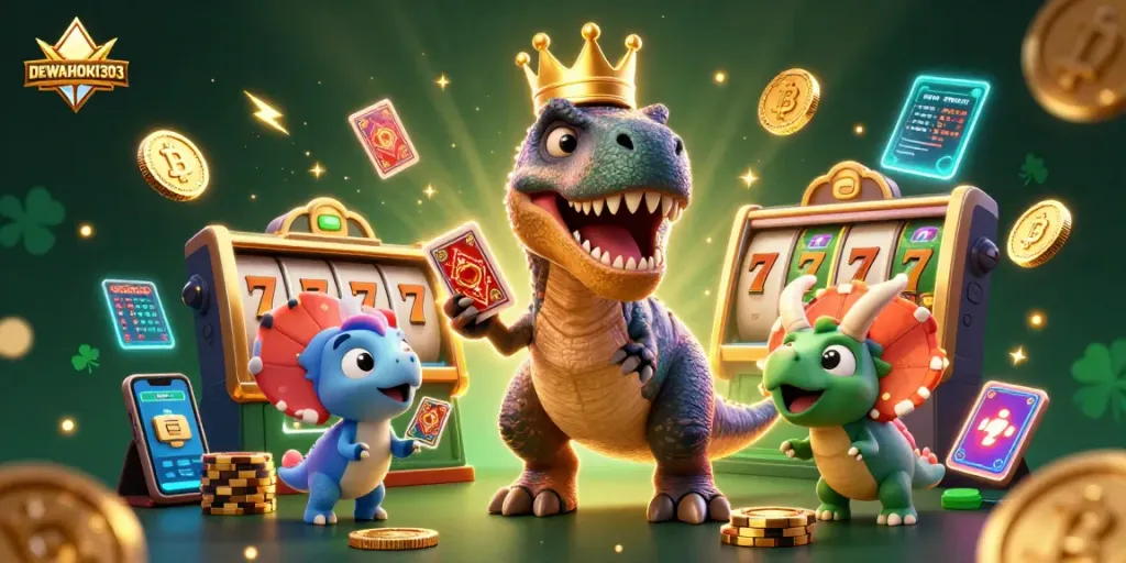 DEWAHOKI303 menghadirkan permainan slot menarik dengan dinosaurus dan koin crypto berkilau.