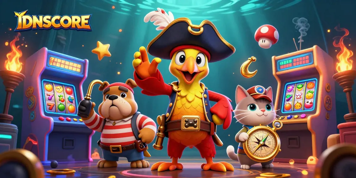 IDNSCORE showcases thrilling slot play with vibrant characters and casino game elements.