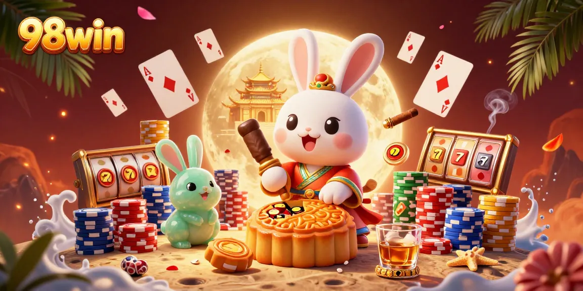 98win showcases a lunar scene with moon rabbit and poker elements emphasizing online gaming excitement.