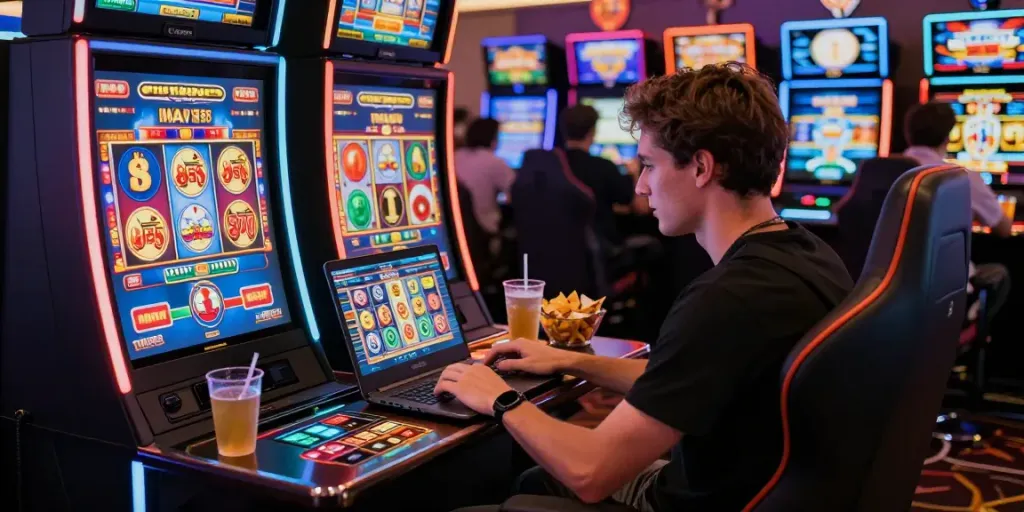 A player enjoying slot888 gaming on a laptop with vibrant graphics and LED lights in a cozy atmosphere.