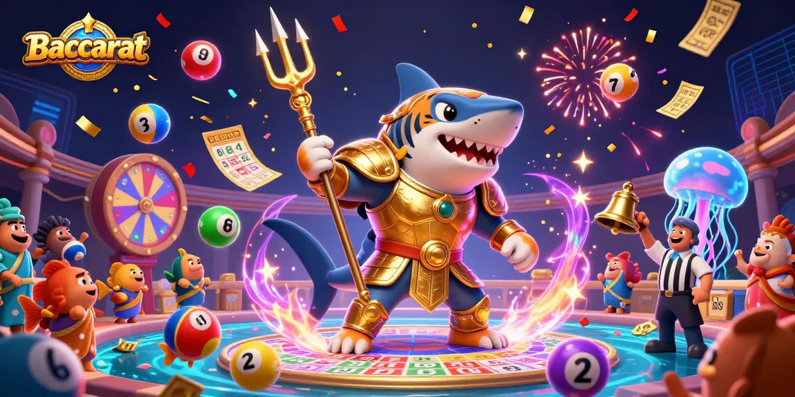 Baccarat in an engaging underwater colosseum scene with a golden gladiator shark, colorful lottery elements, and a festive atmosphere.