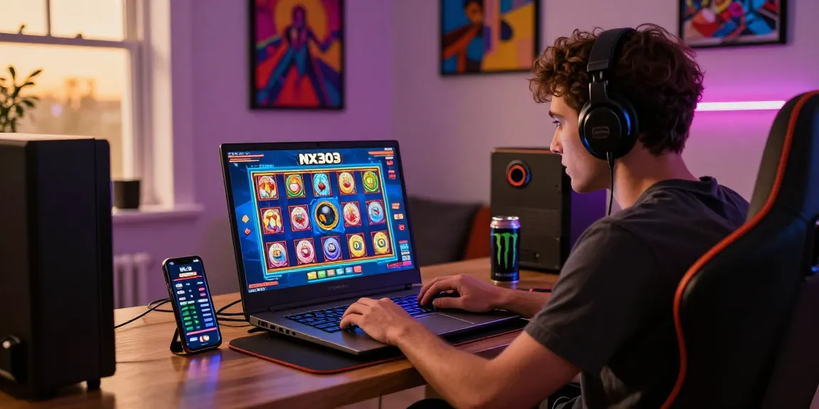 NX303 daftar gaming session with vibrant slot graphics on laptop screen and cozy setup for immersive online play.