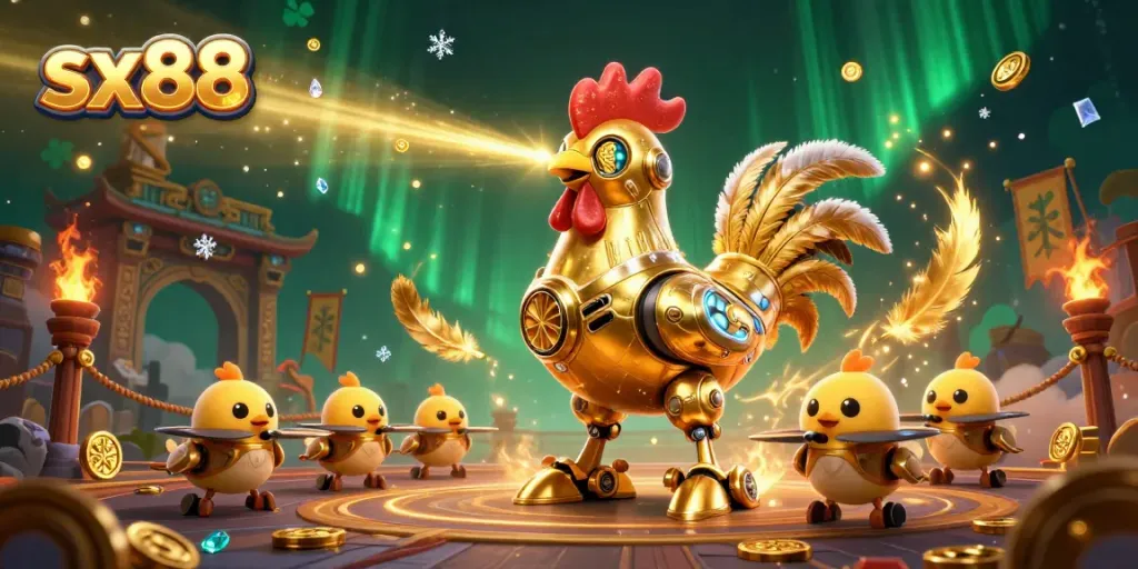 Shoot laser beams and win jackpots at sx88 with the majestic golden rooster robot leading a dynamic gaming scene.