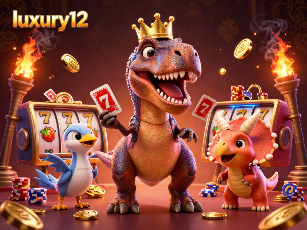luxury12 showcases a T-Rex shuffling casino cards with a pterodactyl while chips stack, capturing the gaming spirit.