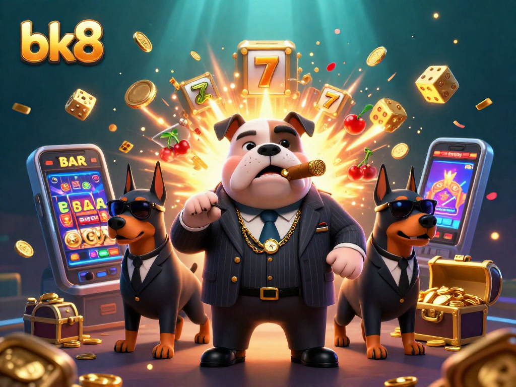 Experience exciting jackpots at bk8 with a vibrant casino scene featuring a bulldog boss and riches.