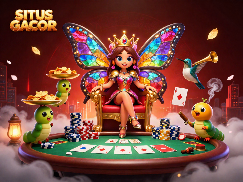Engage with SITUS GACOR's vibrant gaming scene featuring a butterfly queen, poker elements, and casino dynamics.