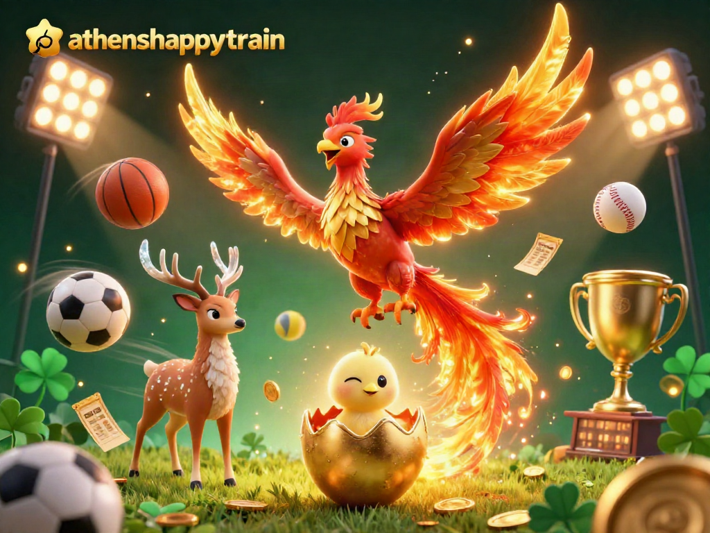 Experience athenshappytrain's vibrant sports betting scene with a phoenix and mystical stag.