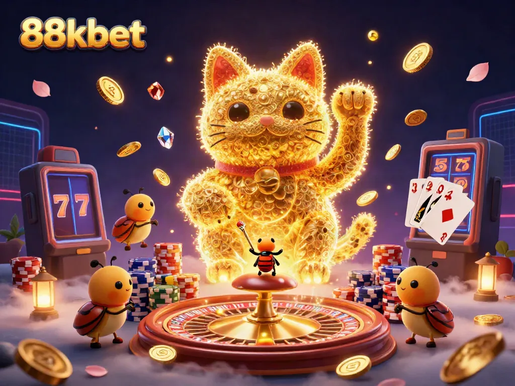 Experience the excitement of the 88kbet casino with dynamic visuals, featuring a lucky cat and casino symbols.