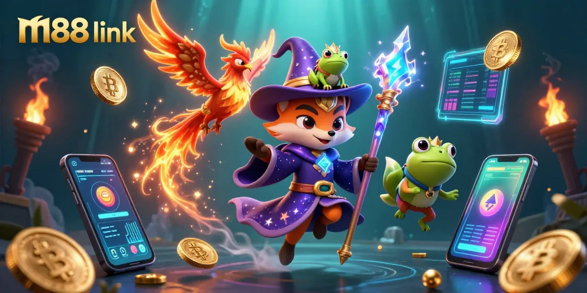 Experience thrilling m88 link action with a vibrant 3D casino fantasy scene highlighting mystical characters and crypto elements.