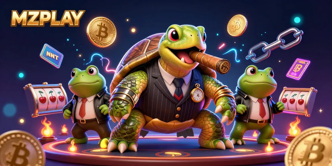 MZPLAY slots with a turtle mobster, showcasing vibrant casino elements and crypto icons.