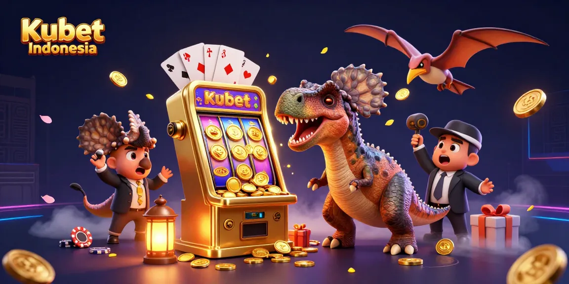 Kubet Indonesia menghadirkan suasana kasino yang seru dengan jackpot, karakter dinosaurus, dan koin emas bertebaran.