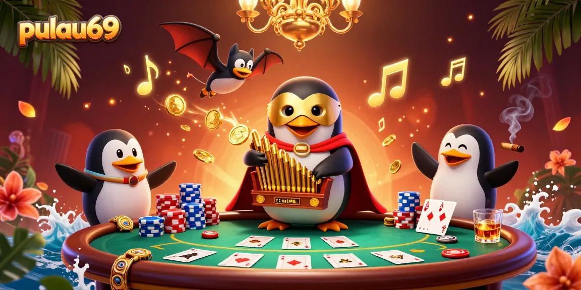 Pulau69 showcases a lively casino scene with a penguin playing an organ shooting coins amidst poker elements.