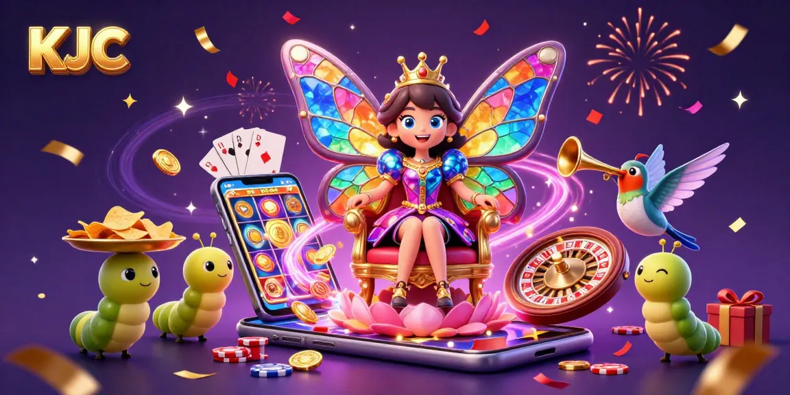 Experience the magic of KJC in this enchanting casino-themed illustration featuring a colorful butterfly queen.