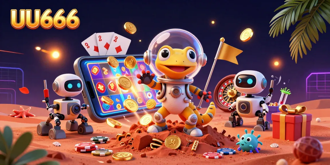Experience the thrill at UU666 with a Martian gecko uncovering a golden casino amidst vibrant slot games and playful alien cheers.