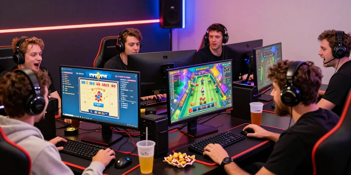 Komunitas pemain online merayakan kemenangan di https://honda555.net/ dengan suasana ceria dan peralatan gaming warna-warni.