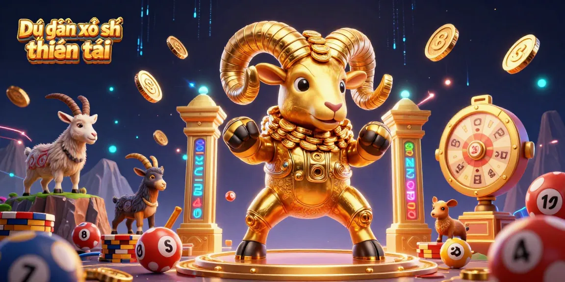 Dự đoán xổ số thần tài illustrates a dynamic lottery scene with golden ram surrounded by lottery balls and a prize wheel.