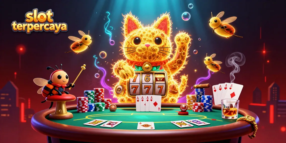 Play exciting slot terpercaya games amidst vibrant 3D graphics displaying a lucky cat and poker elements.