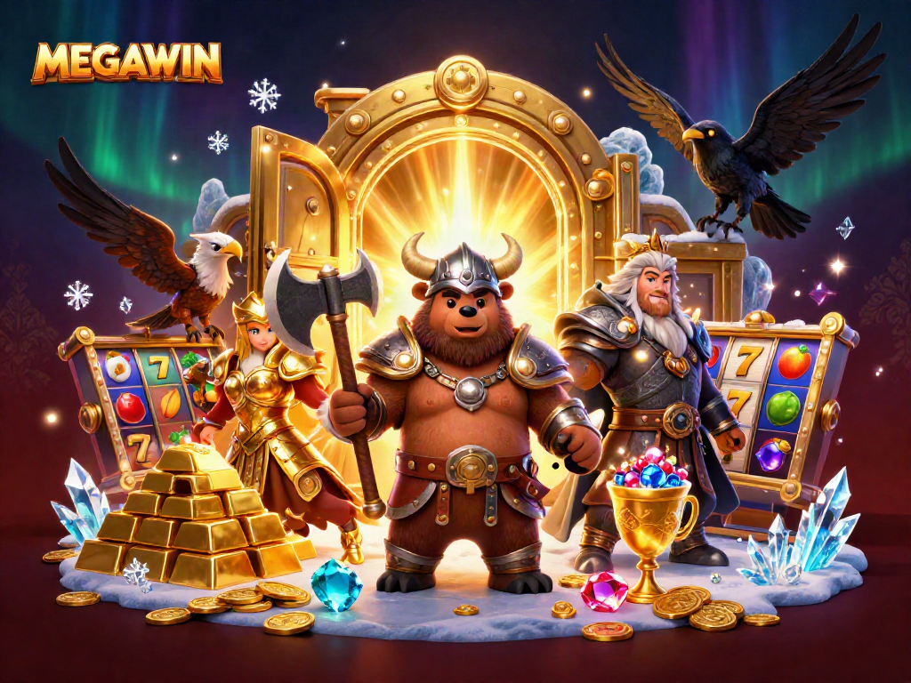 Experience MEGAWIN with an epic 3D illustration of a Viking berserker and Valkyrie in a vibrant casino scene.