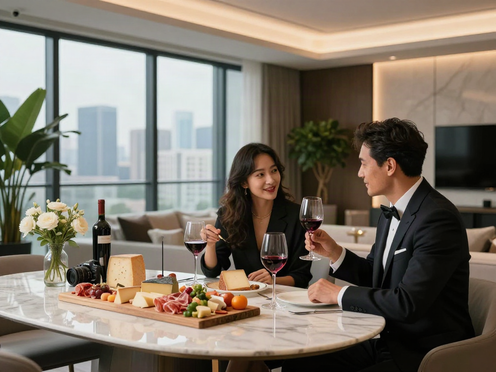 LUXURY 111: Pasangan elegan menikmati pengalaman mencicipi anggur di apartemen mewah.