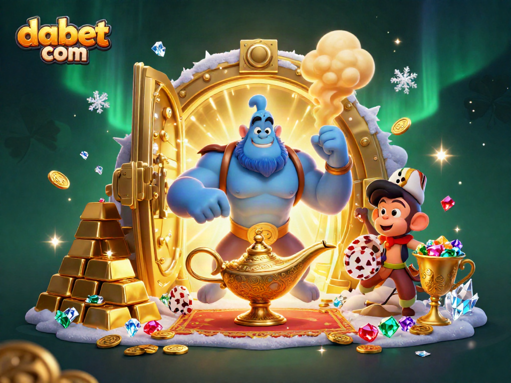 Experience the excitement of dabet com with a vibrant 3D casino scene loaded with gold and gems.