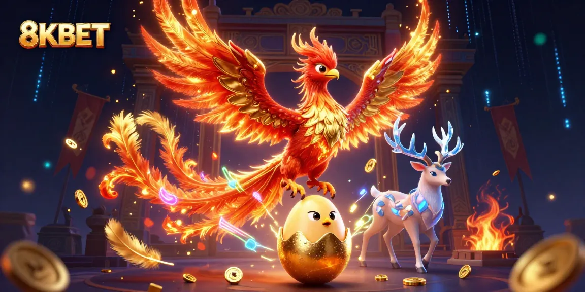 Immerse yourself in 8KBET's thrilling fire phoenix scene, blending dynamic gambling elements and high-energy visuals.