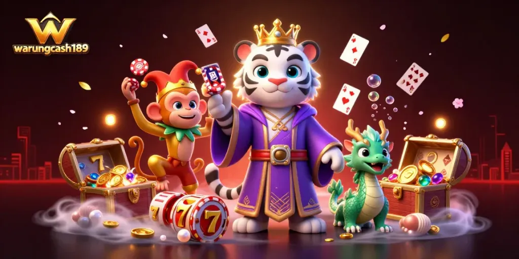 Experience thrilling gaming with warungcash189 featuring a majestic tiger, playful monkey, and jade dragon amidst vibrant casino elements.
