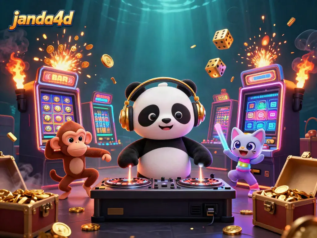 Janda4d menampilkan DJ panda, monyet breakdance, dan kucing rave di ilustrasi kasino digital.