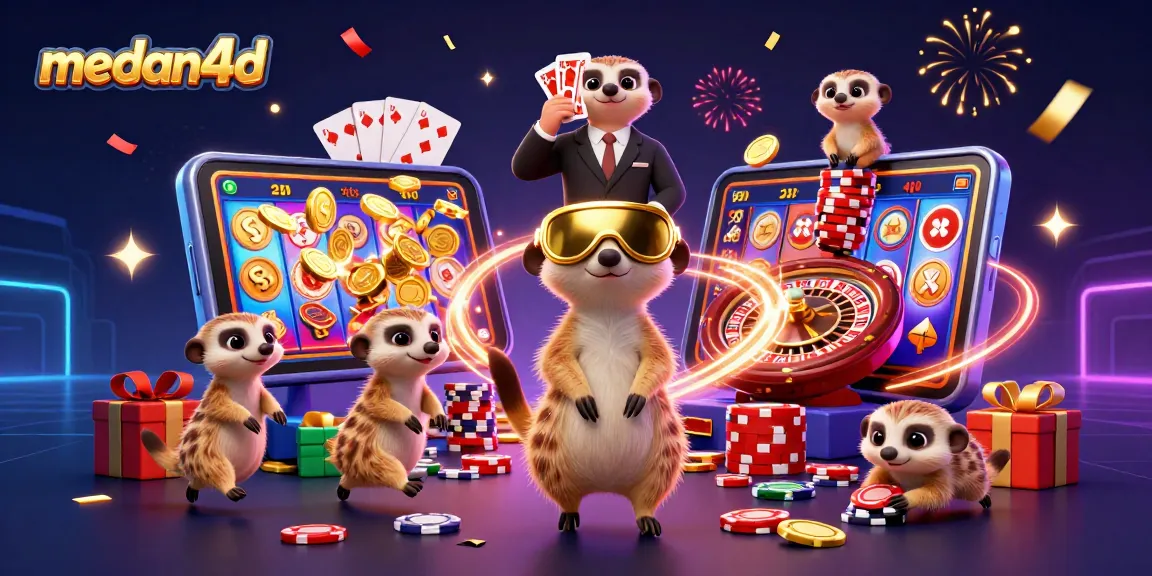 MEDAN4D menghadirkan suasana kasino yang meriah dengan meerkats dalam aksi menangkan chip dan permainan slot.