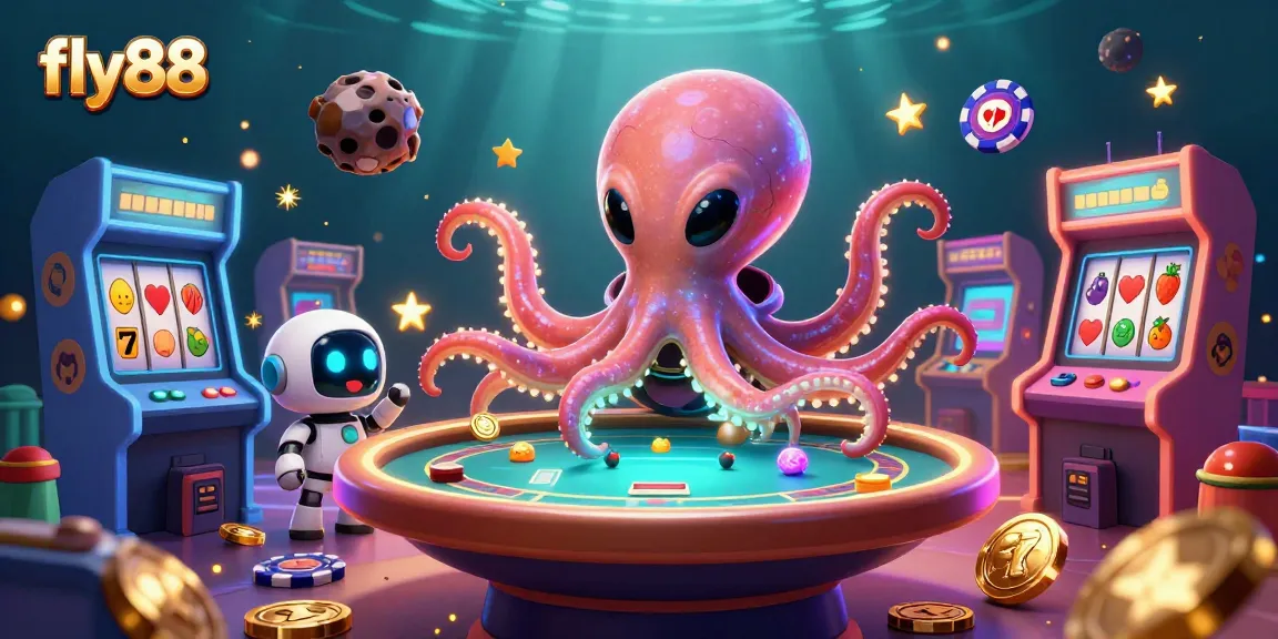 Fly88 showcases a vibrant alien octopus at a holographic poker table amidst swirling slot themes.