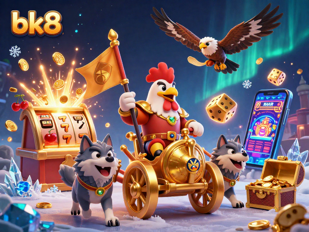 Win big with bk8 inspired casino illustration featuring dynamic slot machines and energetic characters.