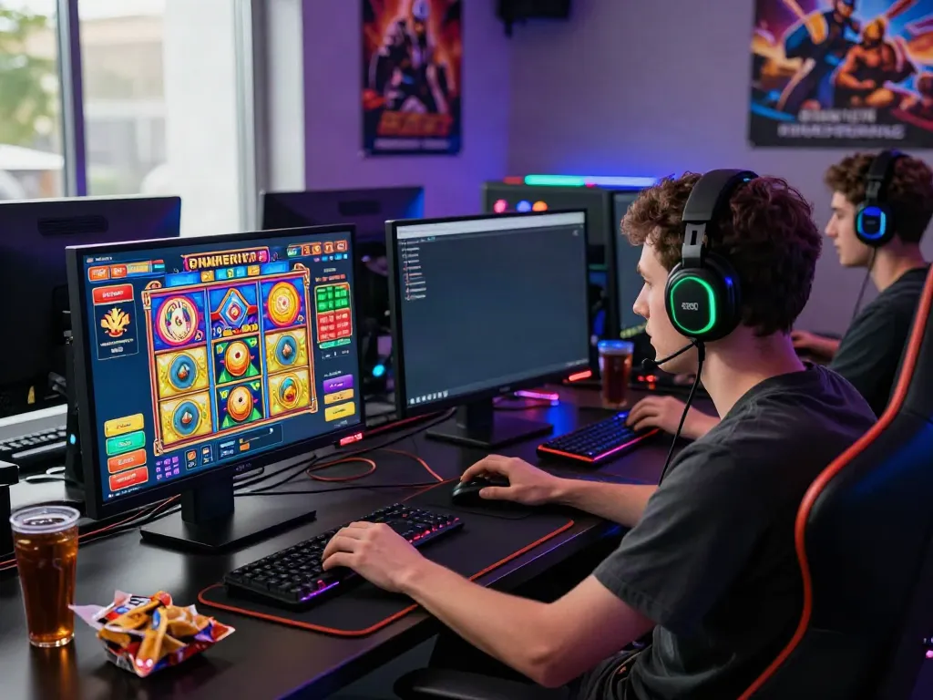 Gamer engaged in akunjp slot game with immersive digital environment.