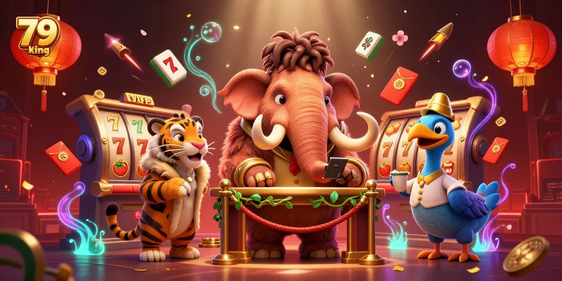 79 king casino scene with a mammoth bouncer, saber-tooth guest, and vibrant game elements
