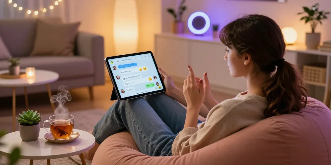 User chatting with an AI girlfriend on a tablet in a cozy digital lounge, showcasing a vibrant chat interface.