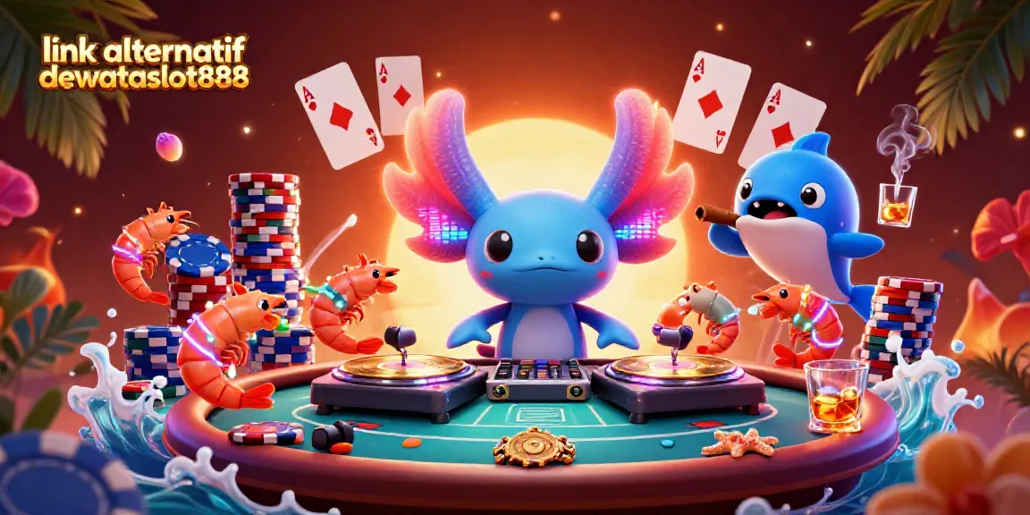 Slot online di link alternatif dewataslot888 dengan DJ axolotl berwarna neon dan ikan hias meriah.